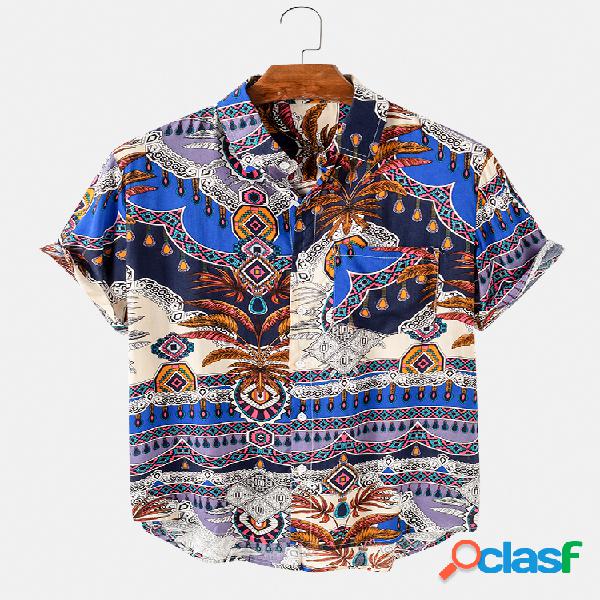 Mens estilo étnico impresso Turn Down Collar Camisa