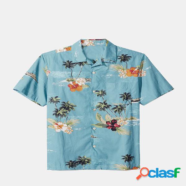Mens impressão floral havaiana Turn Down Collar manga curta
