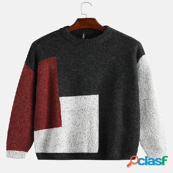 Mens patchwork casual em torno do pescoço camisola ajuste