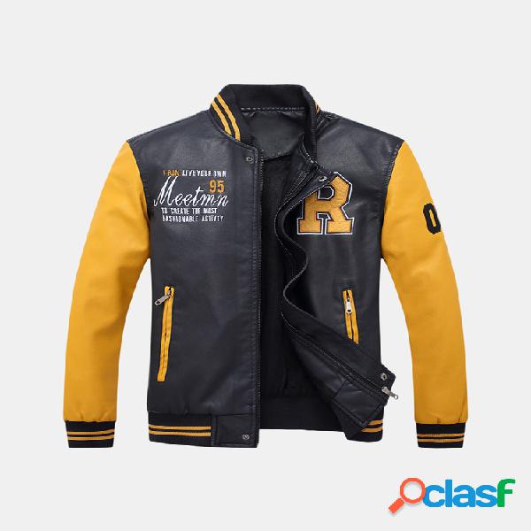 Motocicleta Masculina Estilo PU Leather Patchwork Emblema