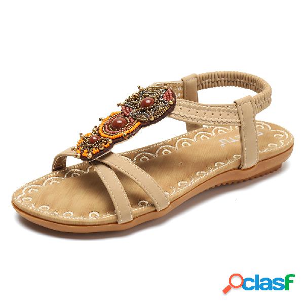 Mulheres Boemia Praia Beading Peep Toe Sandálias Elásticas