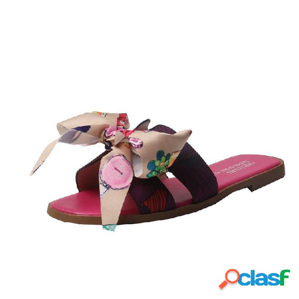 Mulheres Bow Decor Soft Chinelos de apartamentos de fita de