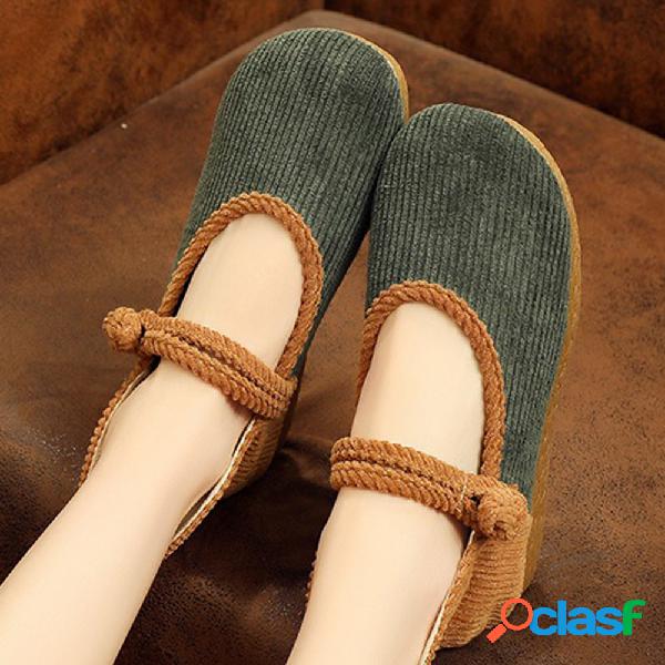 Mulheres Comfy Straw Borda Big Round Toe Buckle Flat Shoes