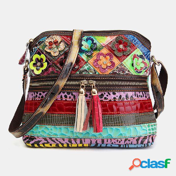 Mulheres Floral Vintage Couro Genuíno Crossbody Bolsa