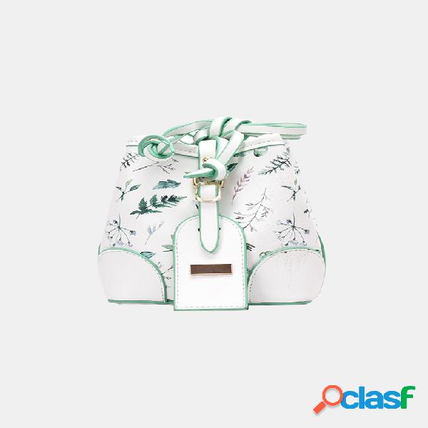 Mulheres Folha PU Satchel Casual Crossbody Bolsa Balde Bolsa