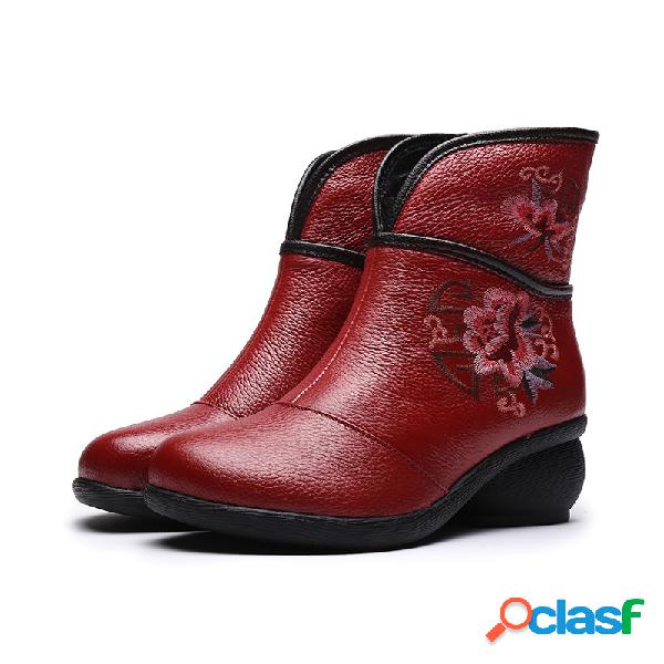 Mulheres Folkways Bordados Flores Couro Forro de pelúcia