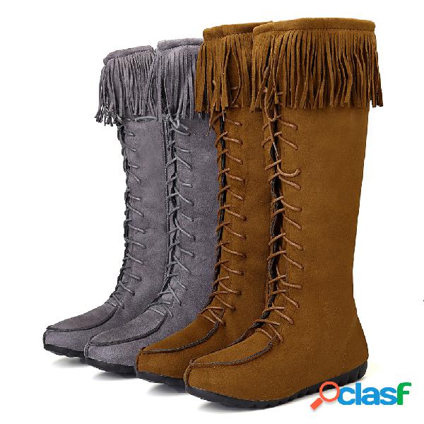 Mulheres Retro Tassel Lace Up Joelho Longo Botas De Cano