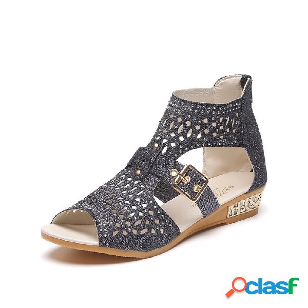 Mulheres Rhinestones Boca de peixe Hollow Sandals