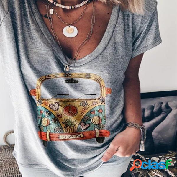 Mulheres com decote em v t-shirt de manga curta solta