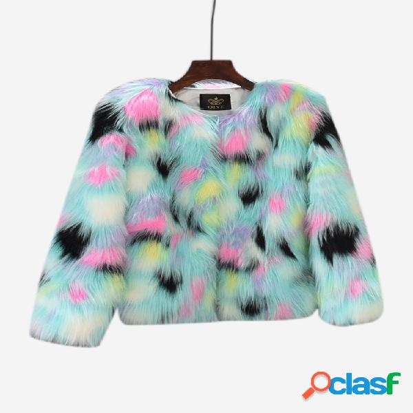 Multi Color Faux Fur Collar Frente Aberta Manga comprida
