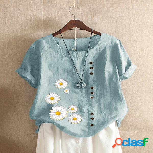 O-neck Daisy Print T-shirt de manga curta para mulheres