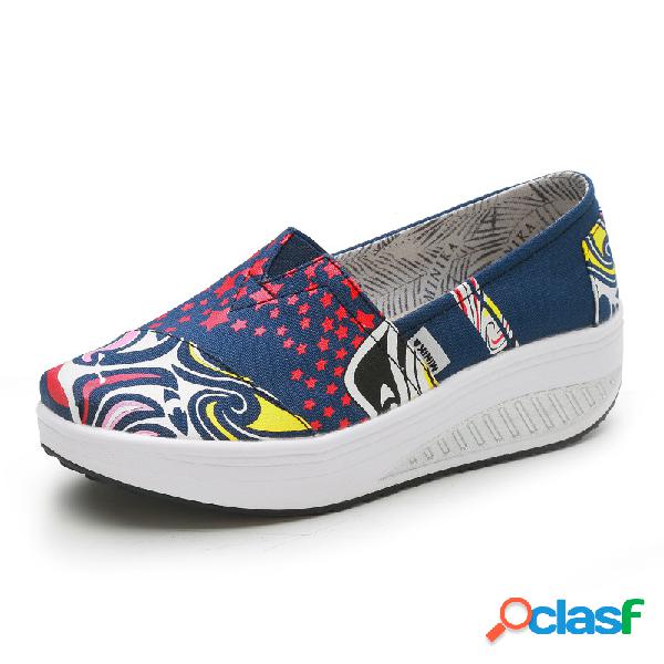 Padrão Canvas Rocker Sole Casual Slip On Sapatos de