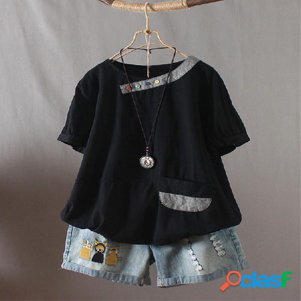 Patchwork O-pescoço manga curta botão t-shirt com bolso