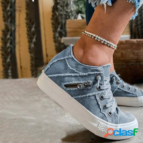 Plus Tamanho Mulheres Retro Zipper Decor Canvas Lace Up Flat