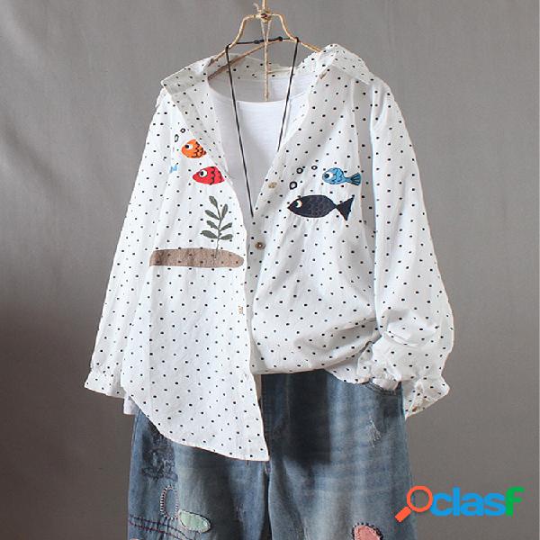 Polka Dot Cartoon Fish Print manga comprida Camisa Para