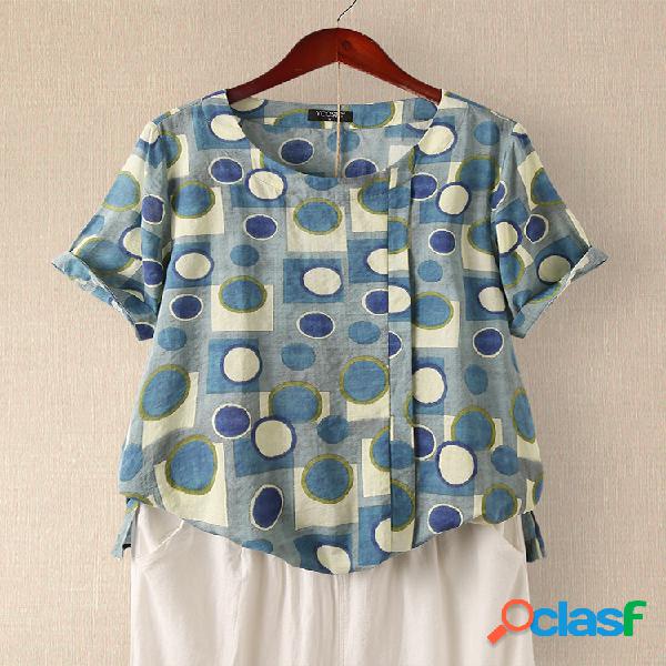 Polka Dot Print manga curta O-pescoço T-shirt para as