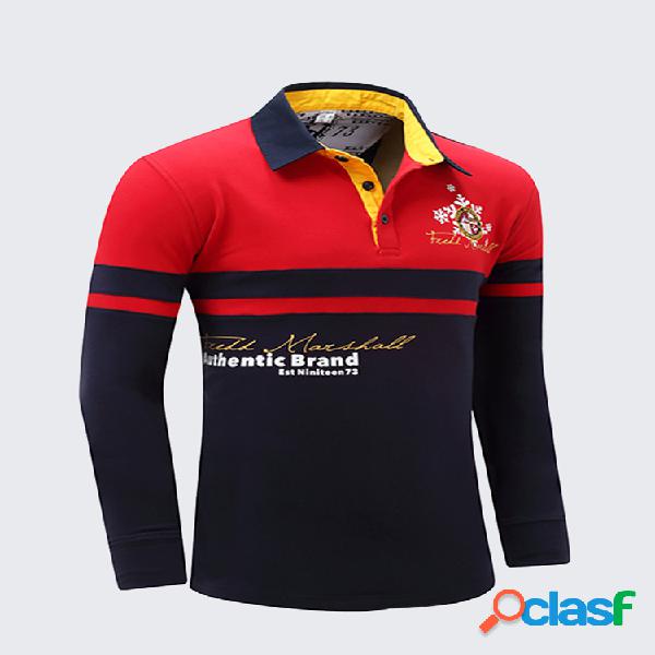 Polo Casual Masculino de Algodão Contraste de Cor Letra