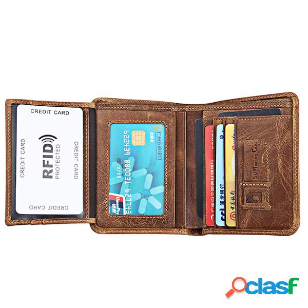RFID Antimagnetic Vintage Couro Genuíno Carteira Tri-fold