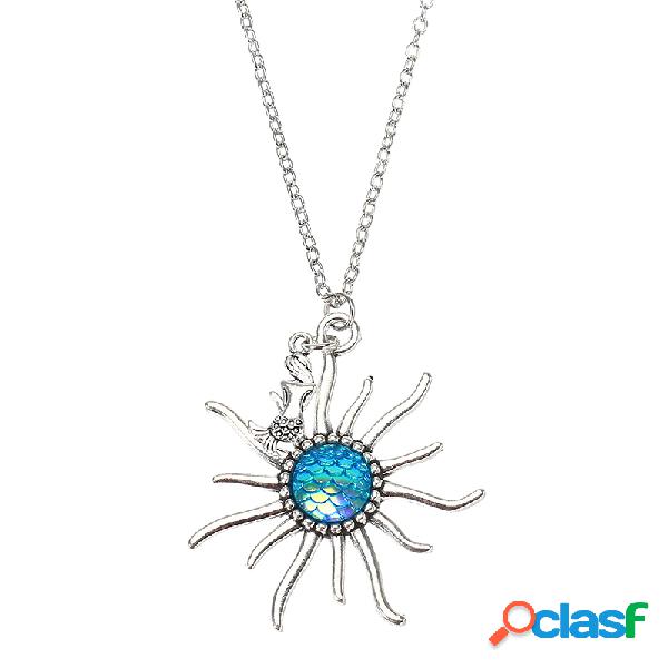 Retro Women's Sun Colorful Mermaid Scaly Resin Long Necklace