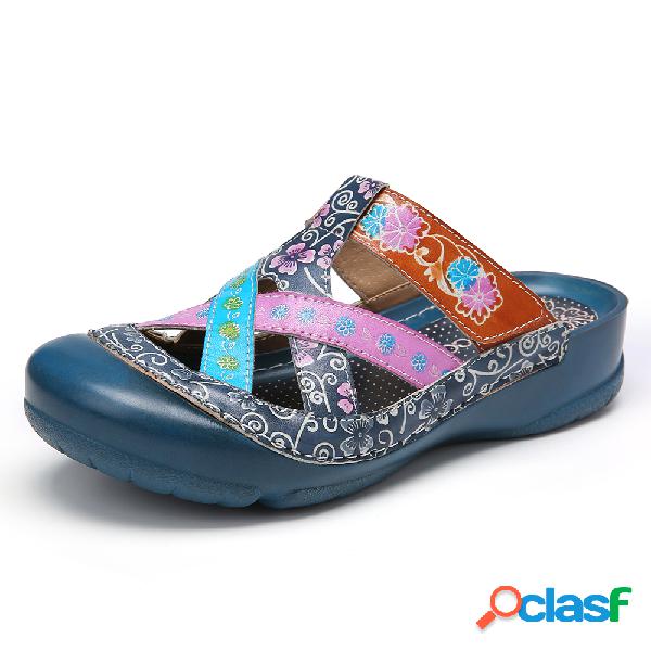 SOCOFY Couro Floral Entrecruzando Alça Ajustável Slip-on