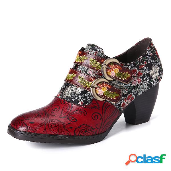 SOCOFY Retro Flor Metal em relevo Buckle Strap Couro Salto