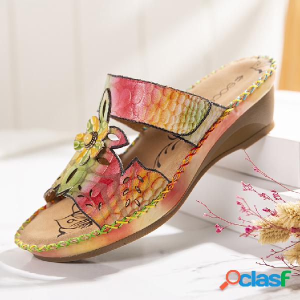 SOCOFY Retro couro contraste floral deslizamento de costura