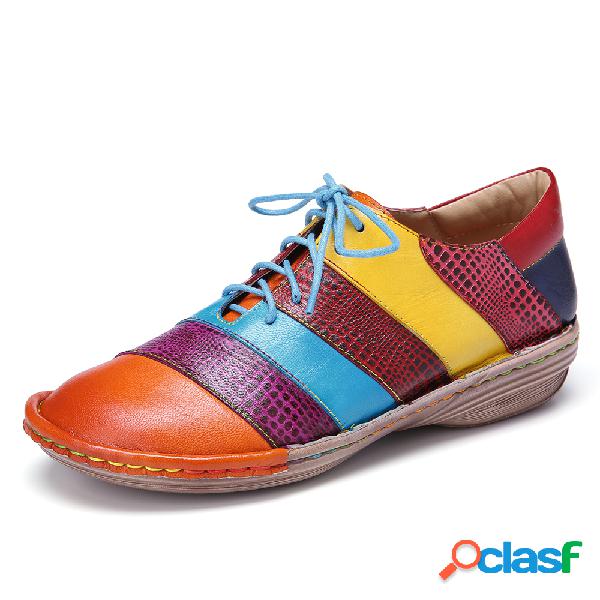 SOCOFY Vintage Handmade Soft Emenda de couro Lace up Plano