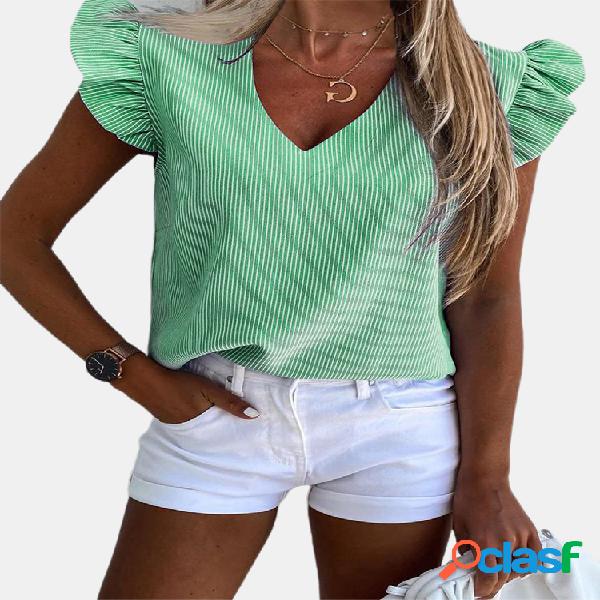 Stripe Flouncing Sleeve Blusa com decote em V para mulheres