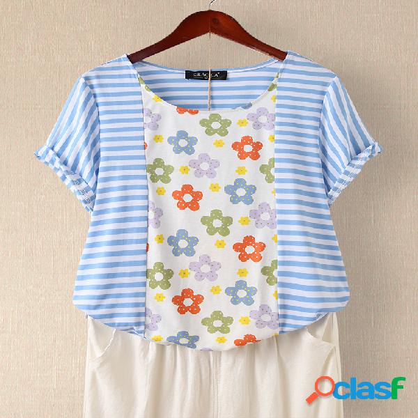 Stripe Flower Print Patchwork Manga curta Casual T-shirt