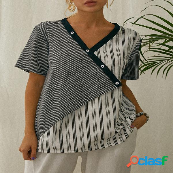 Stripe Print Patchwork manga curta Blusa Casual Para