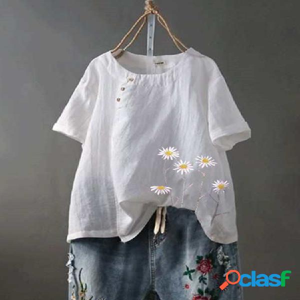 T-shirt impresso floral do botão da luva da margarida