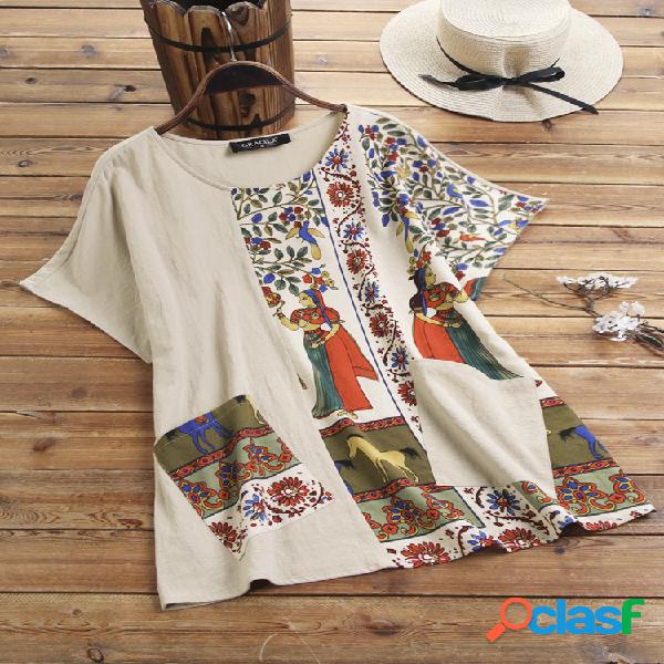 Vinatge Print Patched Cotton Manga curta Camisa