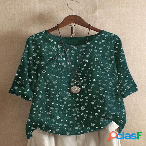 Vintage Floral Print Button Meia manga Blusa para mulheres