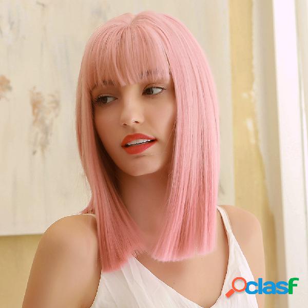 18 Polegada Rosa Média Longa Reta Cabelo Franja Natural