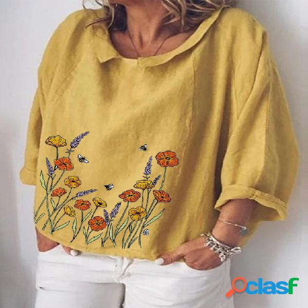 Blusa de gola 3/4 floral estampada floral para mulheres