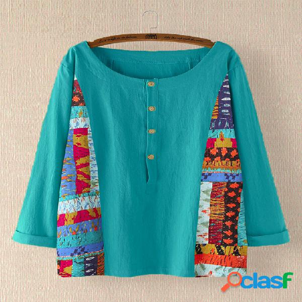 Blusa de impressão com mangas compridas O-neck Plus Blusa