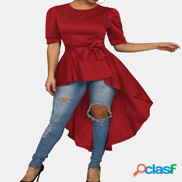 Blusa de manga curta irregular de cintura cor sólida para