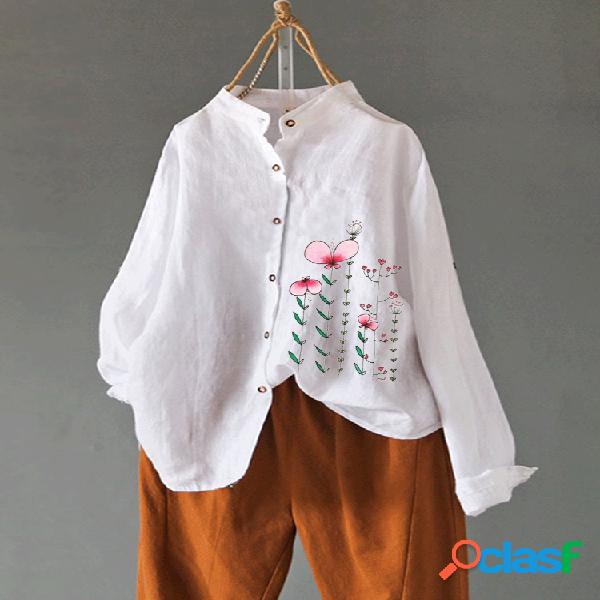 Blusa de mangas compridas flor impressa gola para mulheres