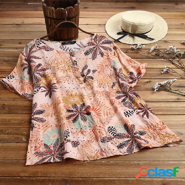 Bohemian Print Manga curta Plus Blusa Hawaii tamanho