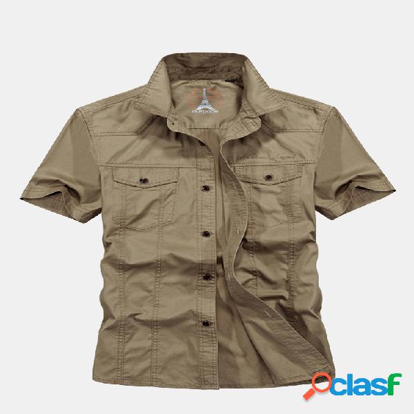 Bolsos no peito Loose respirável algodão Cargo camisas de