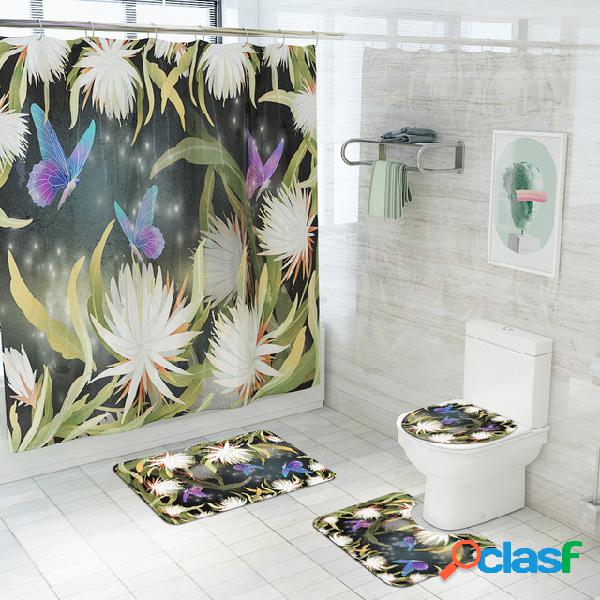 Borboleta Flor Impressão Cortina de Chuveiro Tet Mat Tapete