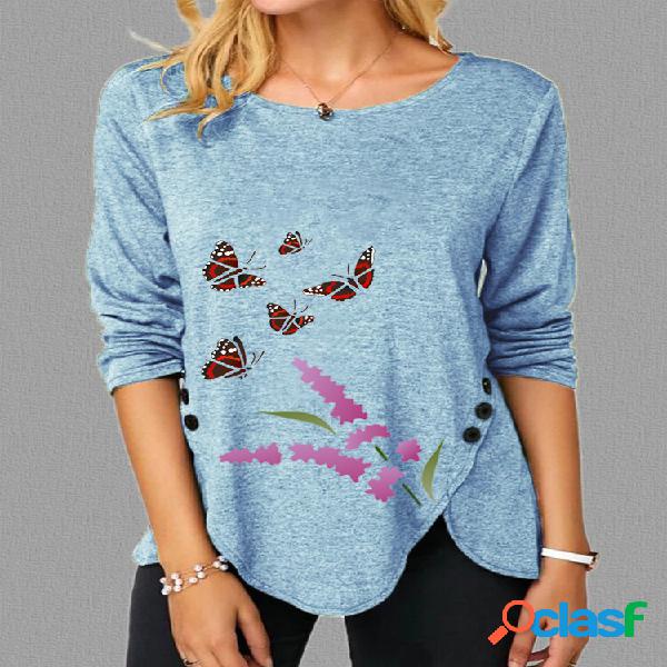 Borboletas Flores Imprimir Irregular Plus Blusa Tamanho