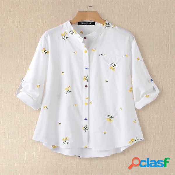 Bordado floral manga comprida gola blusa para mulheres