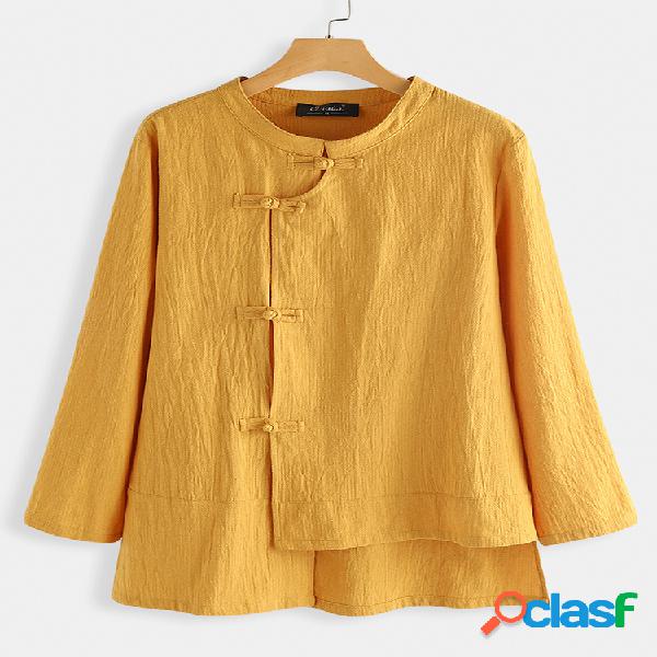 Botão de sapo irregular cor sólida Plus tamanho Camisa
