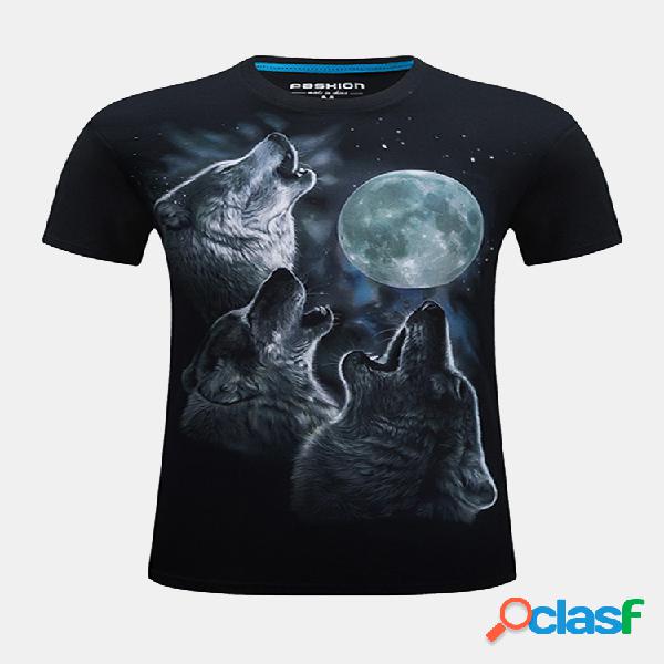 Camiseta de Algodão Lobo Estampado Manga Curta Gola Redonda