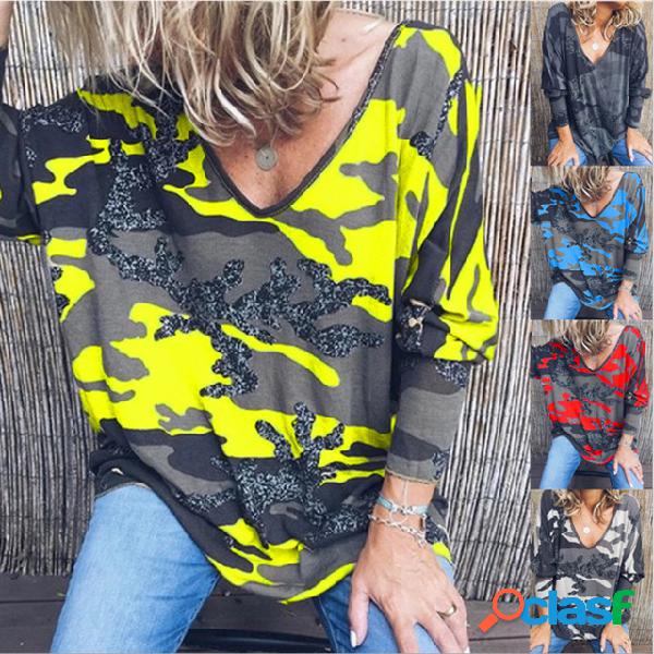 Camuflagem com decote em V Casual Tamanho grande solta