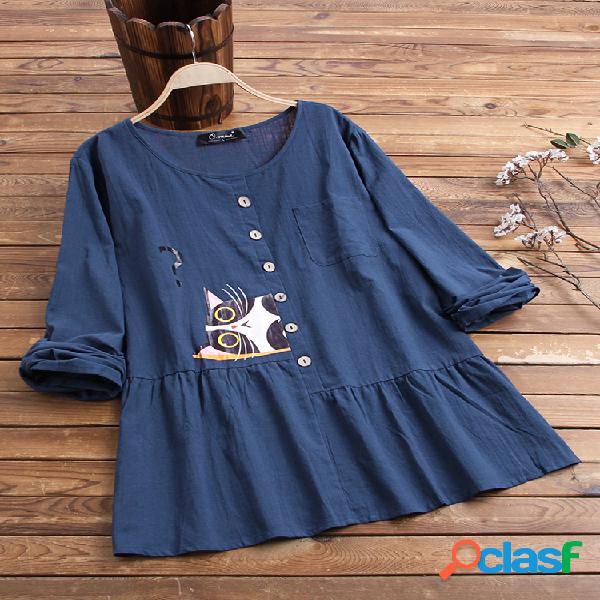 Cartoon Cat Print Casual Plus Blusa de tamanho para mulheres
