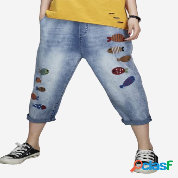 Cartoon Fish Patch Casual Jeans para mulheres
