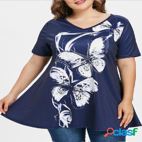 Casual Flowers Print V-neck Plus Blusa de tamanho