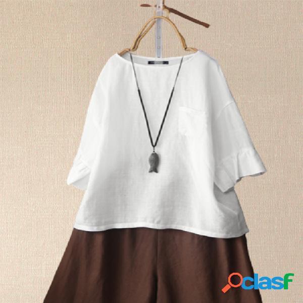 Casual Solid Color O-neck Plus Tamanho Camiseta